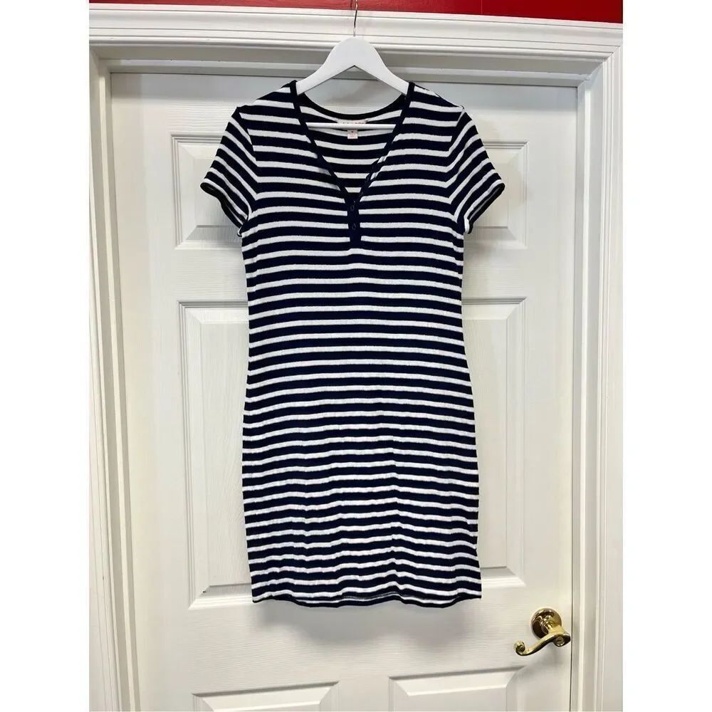 Brooks Brothers Red Fleece Navy White & Silver Stripe Shirt Dress sz M EUC
